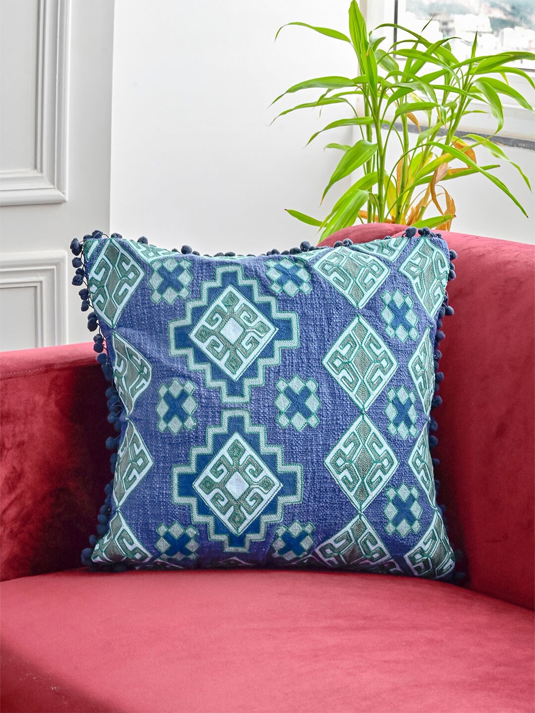 

Tistabene Blue & Green Embroidered Cotton Square Cushion Cover