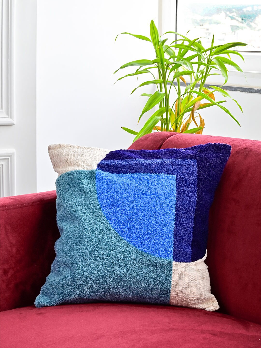 

Tistabene Navy Blue & Off White Embroidered Cotton Square Cushion Cover