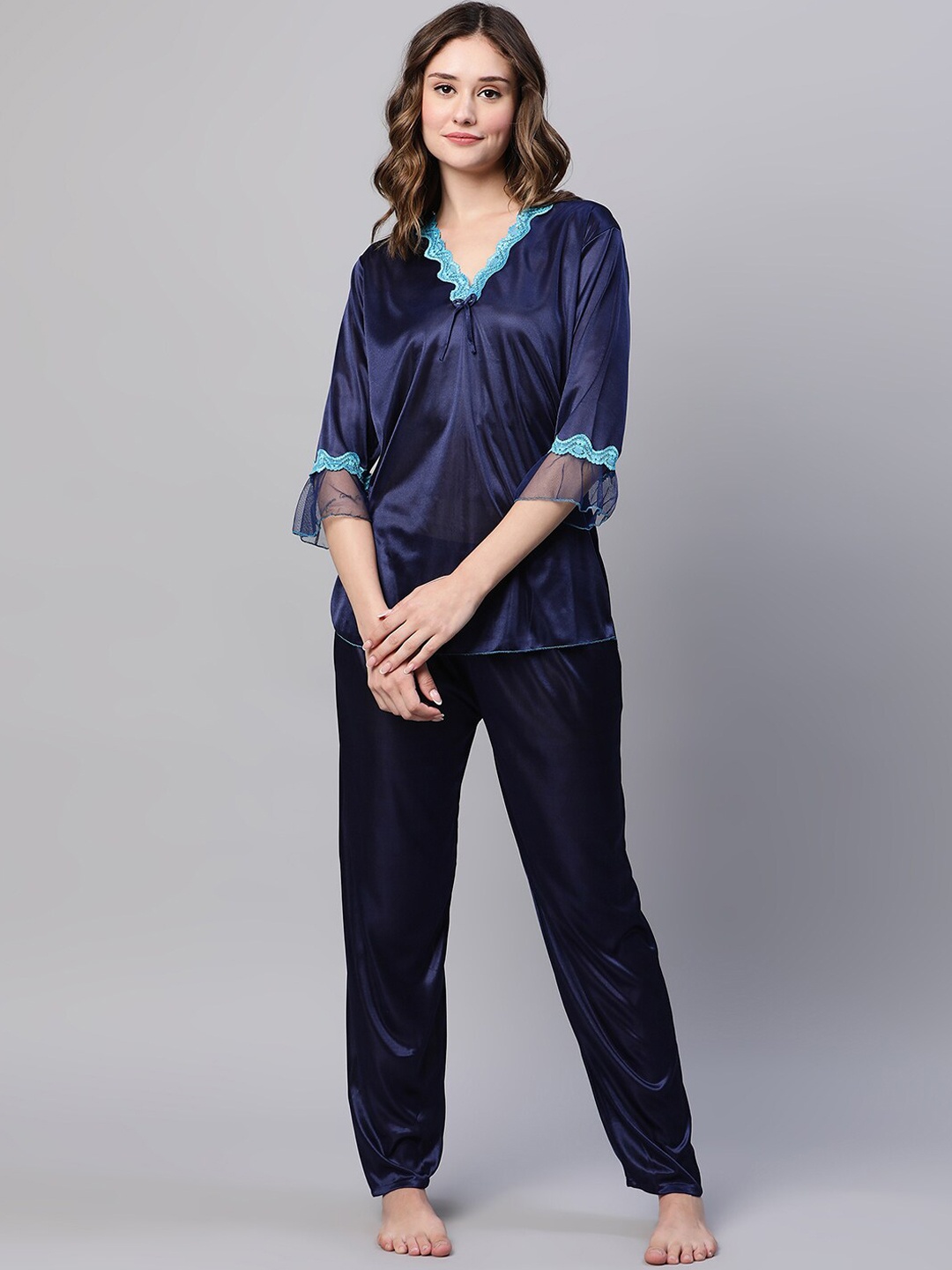 

AV2 Top & Pyjama Satin Night Suit, Navy blue