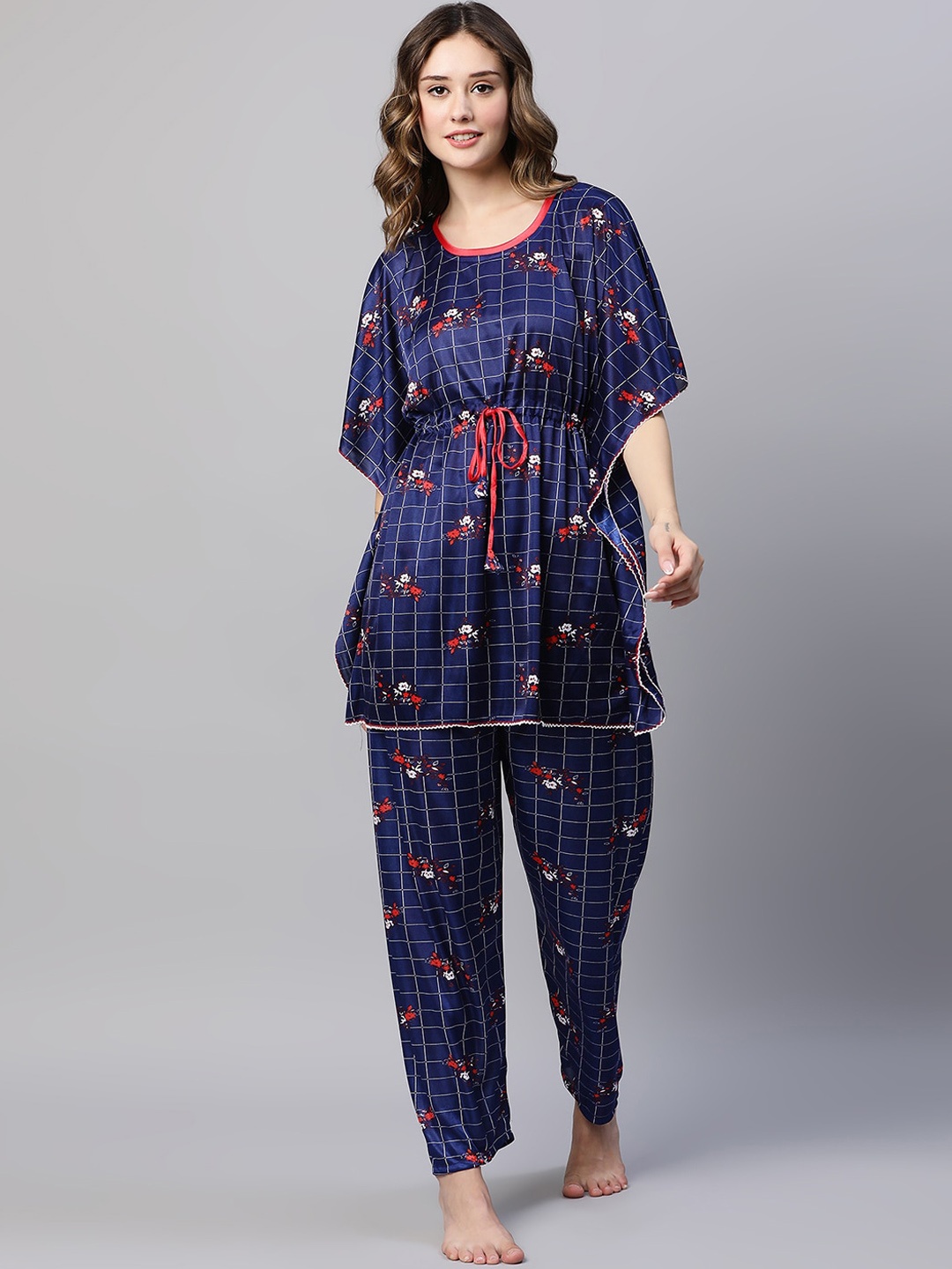 

AV2 Printed Kftan & Pyjama Satin Night suit, Navy blue