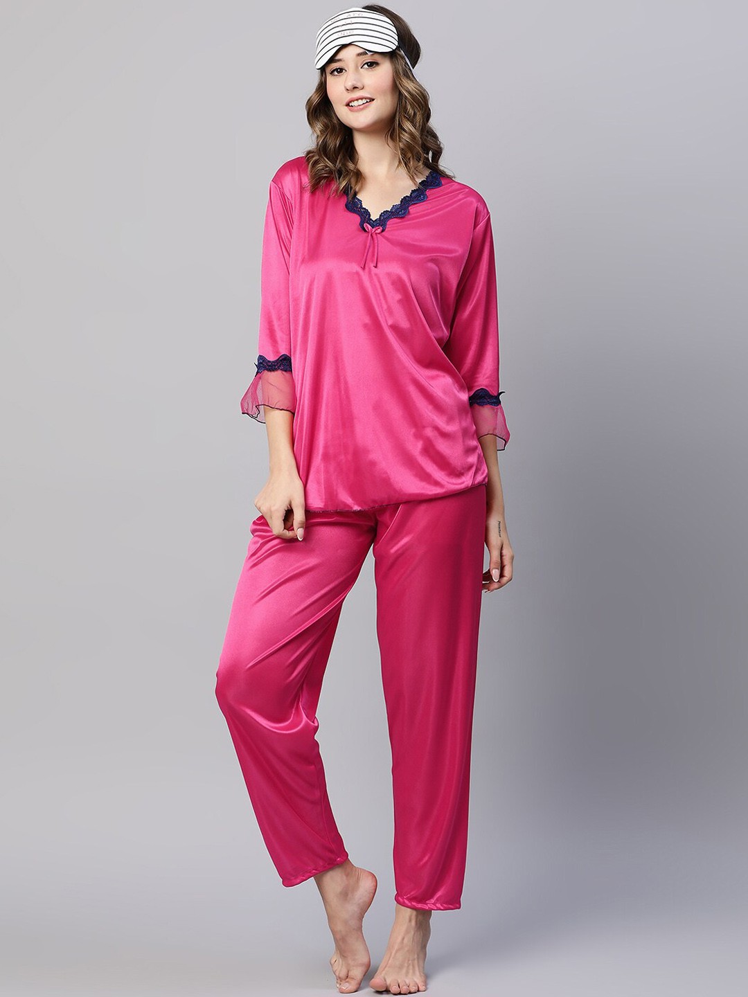 

AV2 V-Neck Lace Work Satin Night Suit, Pink