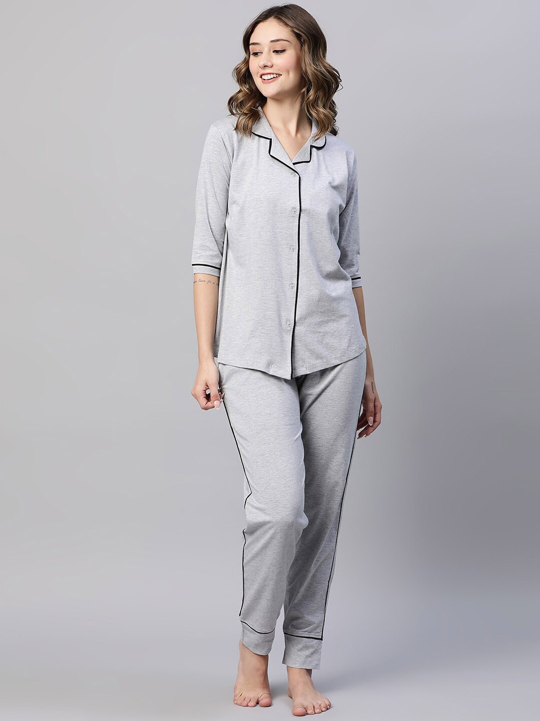 

AV2 Notched Lapel Pure Cotton Night Suit, Grey
