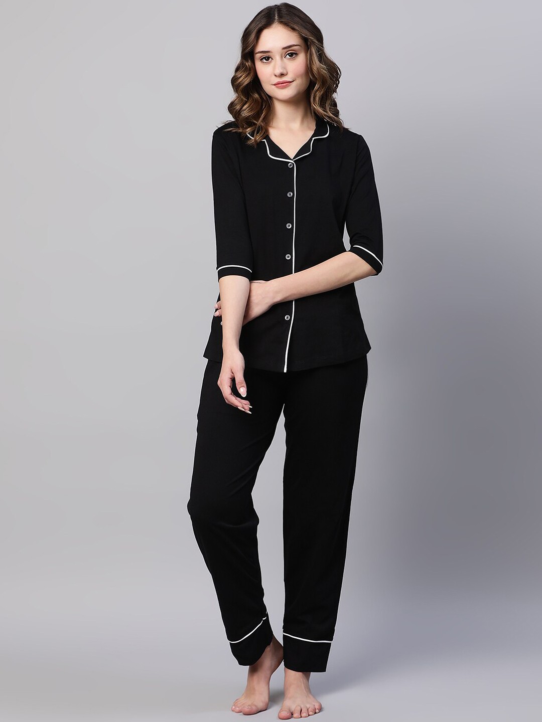 

AV2 Lapel Collar Pure Cotton Night suit, Black