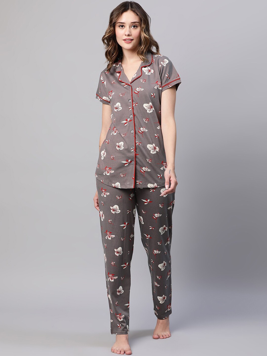 

AV2 Floral Printed Pure Cotton Shirt & Pyjamas, Grey