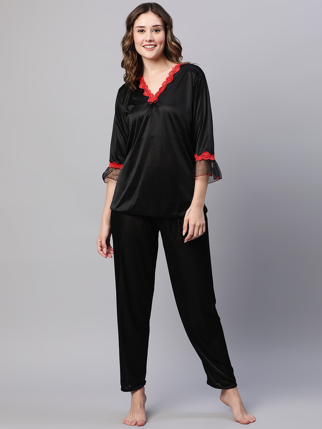 

AV2 V-Neck Satin Night Suit, Black