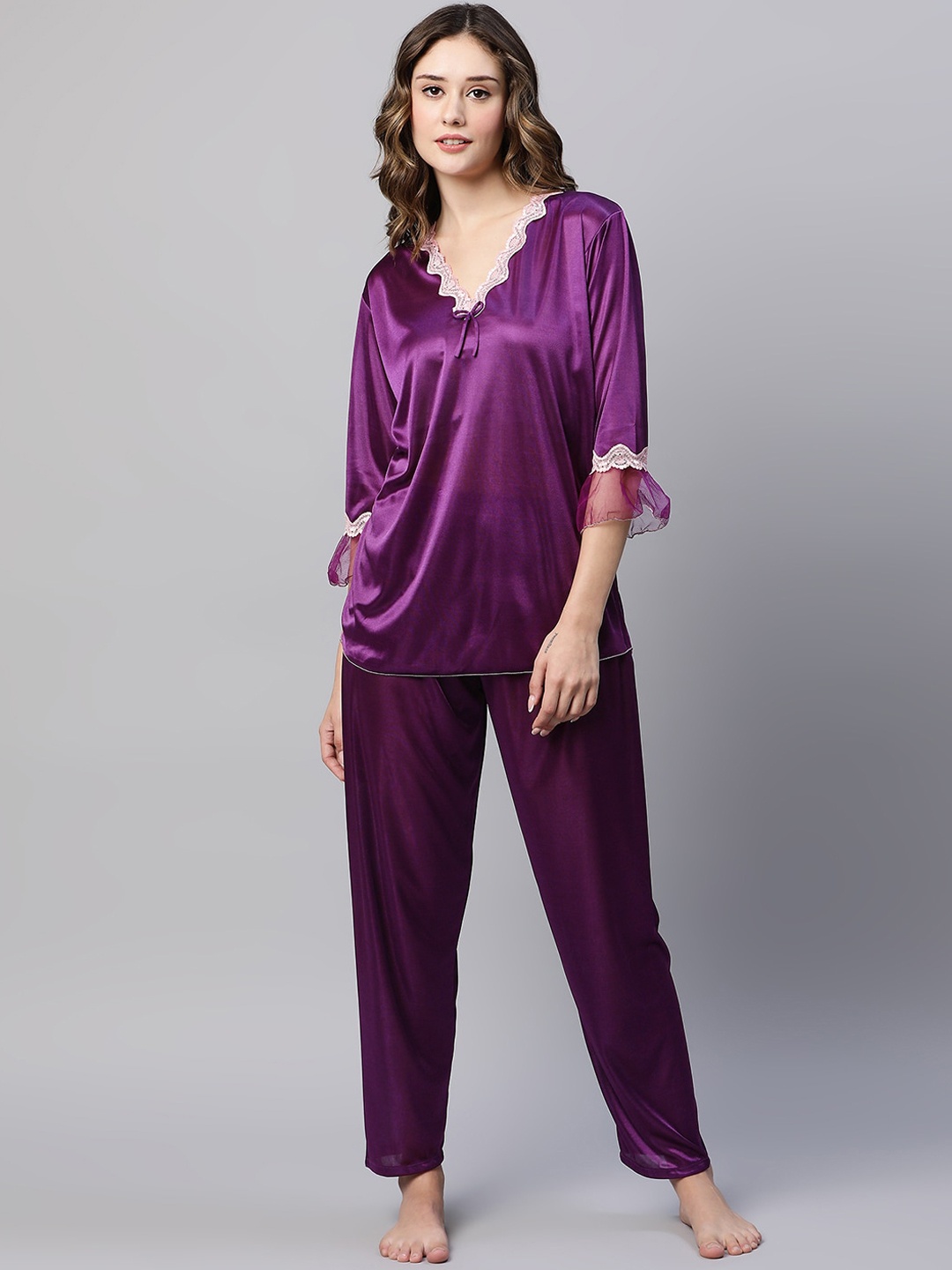 

AV2 V-Neck Satin Night Suit, Purple