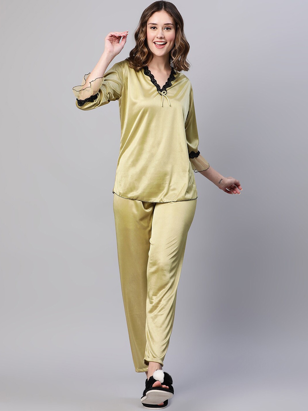 

AV2 V-Neck Flared Sleeves Satin Night suit, Champagne