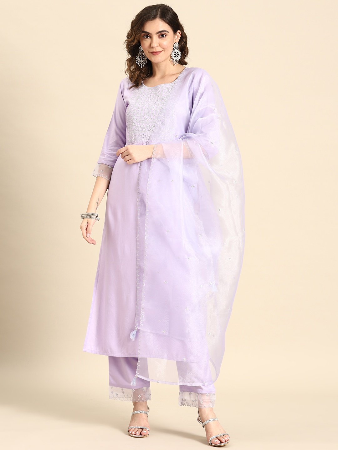 

Nayo Floral Embroidered Kurta With Palazzos & Dupatta, Lavender