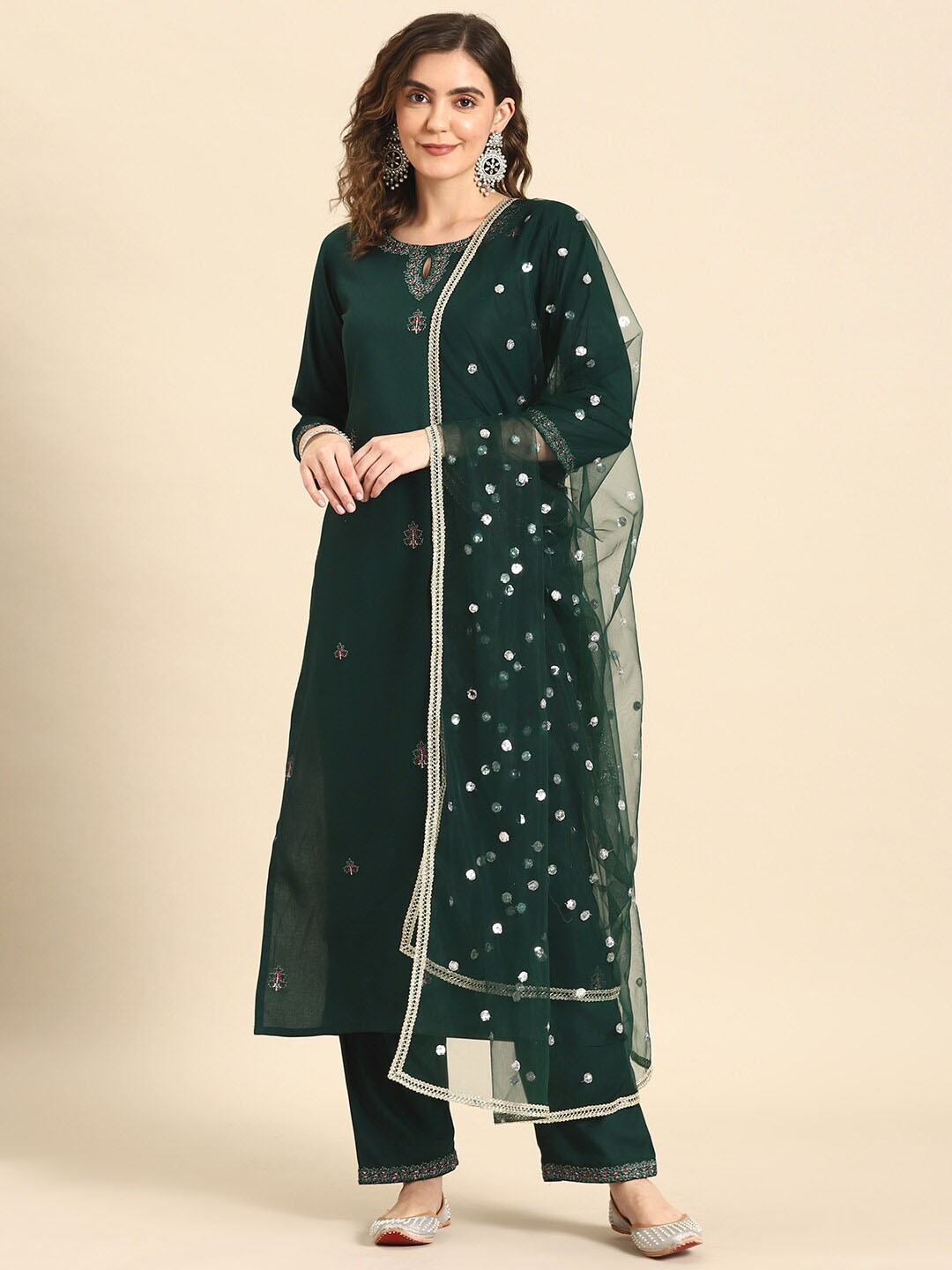 

Nayo Floral Embroidered Thread Work Kurta With Palazzos & Dupatta, Green