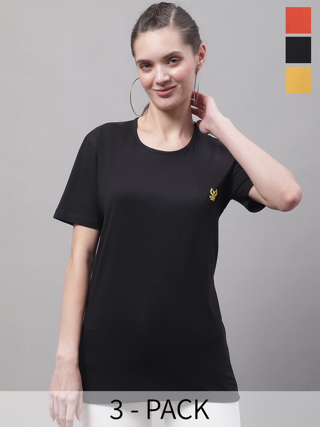 

VIMAL JONNEY Pack Of 3 Cotton T-shirt, Black