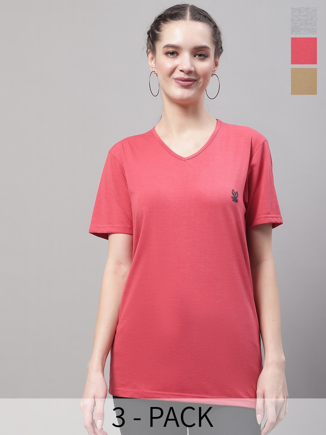 

VIMAL JONNEY Pack Of 3 V-Neck Cotton T-shirt, Coral