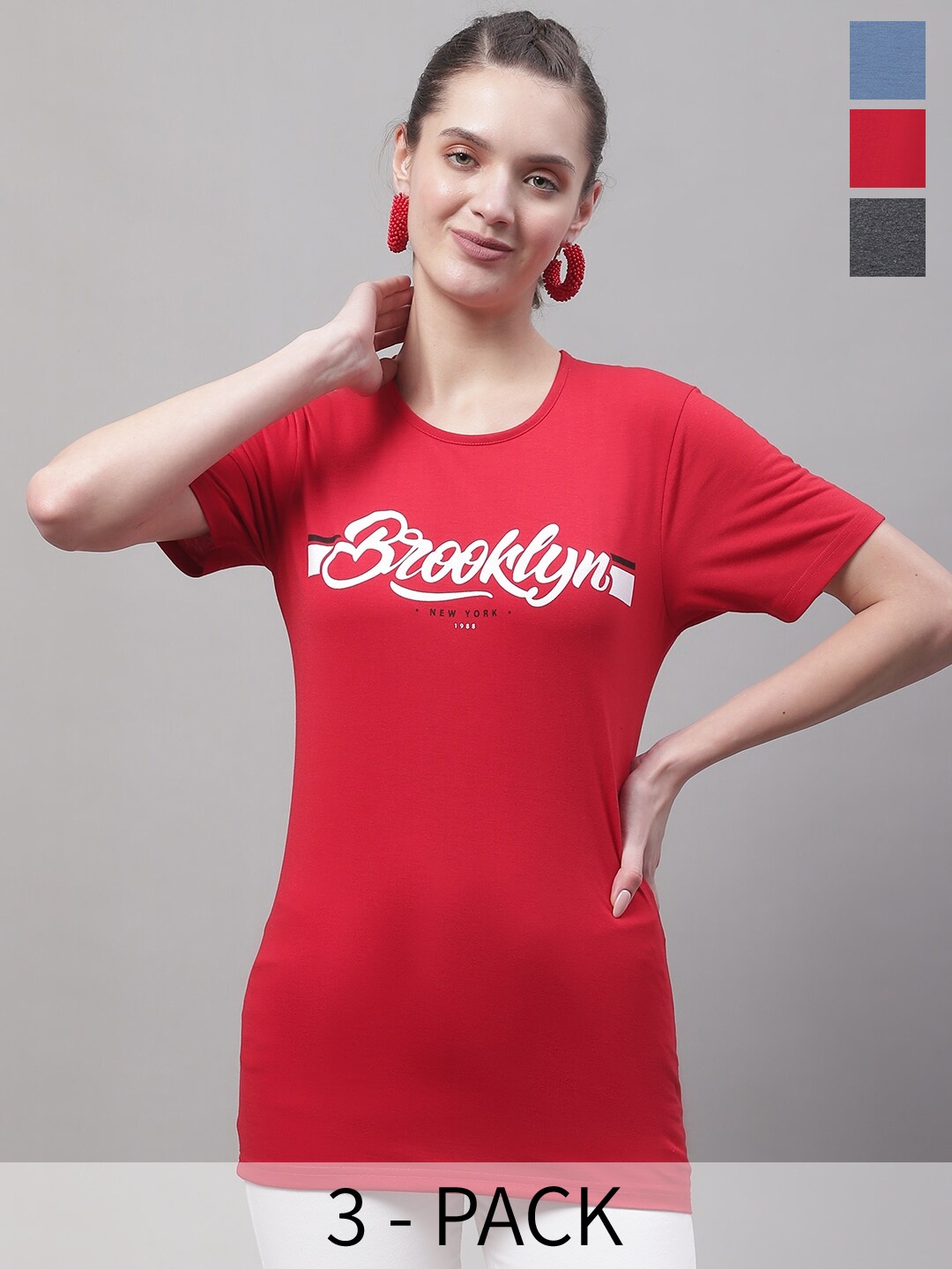 

MACK JONNEY Pack Of 3 Typography Printed Cotton T-shirt, Red