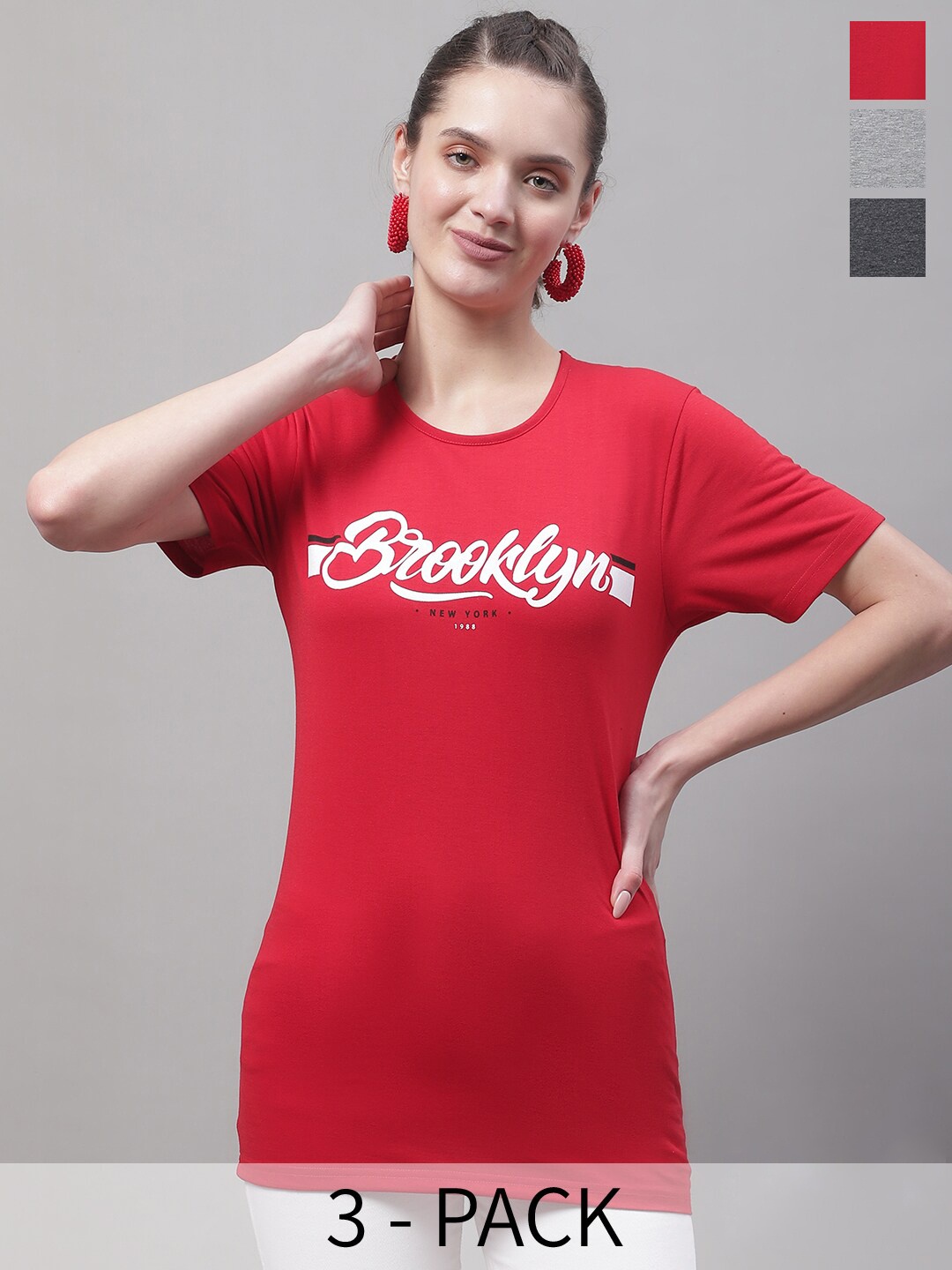 

MACK JONNEY Pack Of 3 Typography Printed Cotton T-shirt, Red