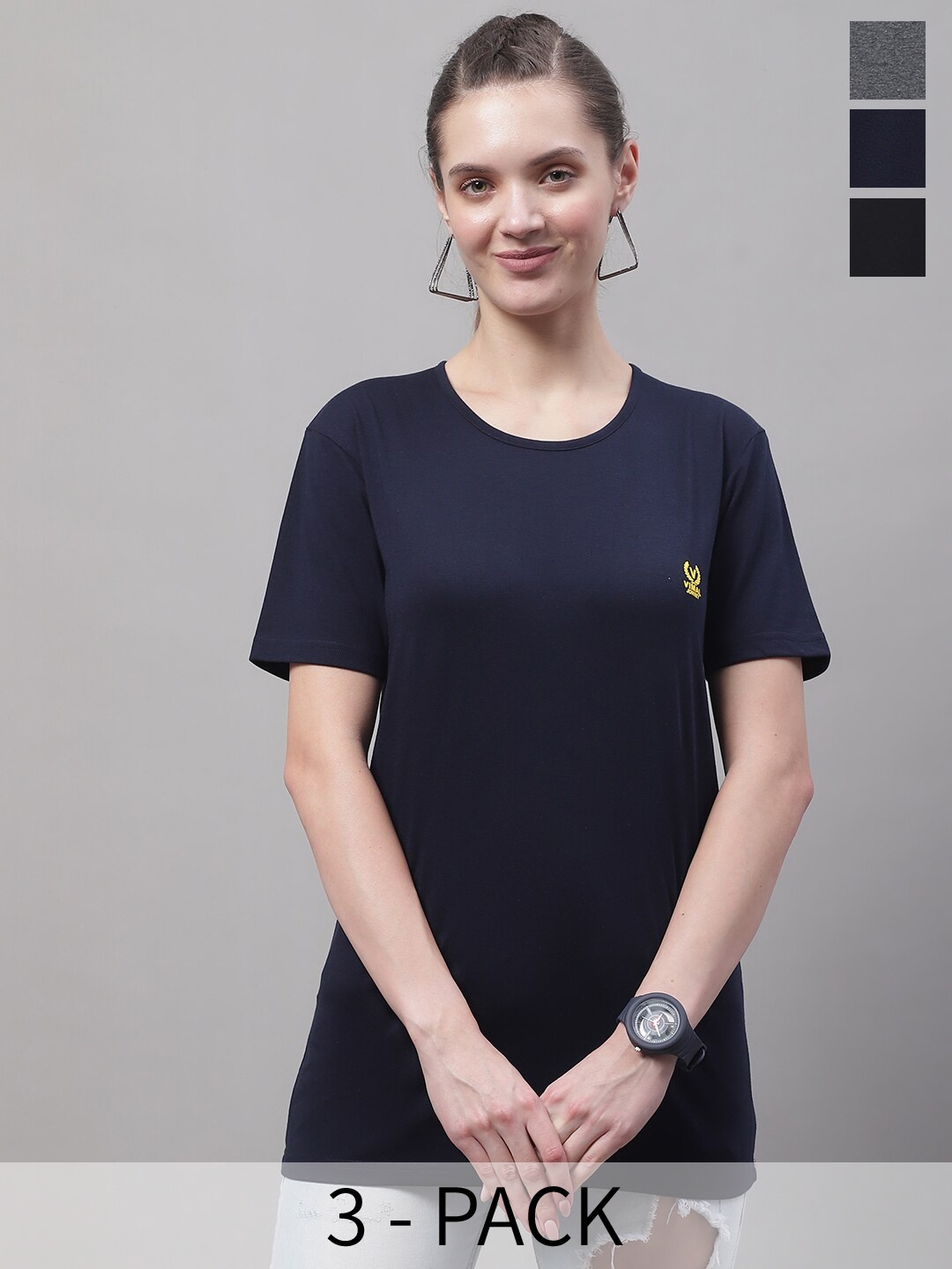 

MACK JONNEY Pack Of 3 Round Neck Cotton T-shirt, Navy blue