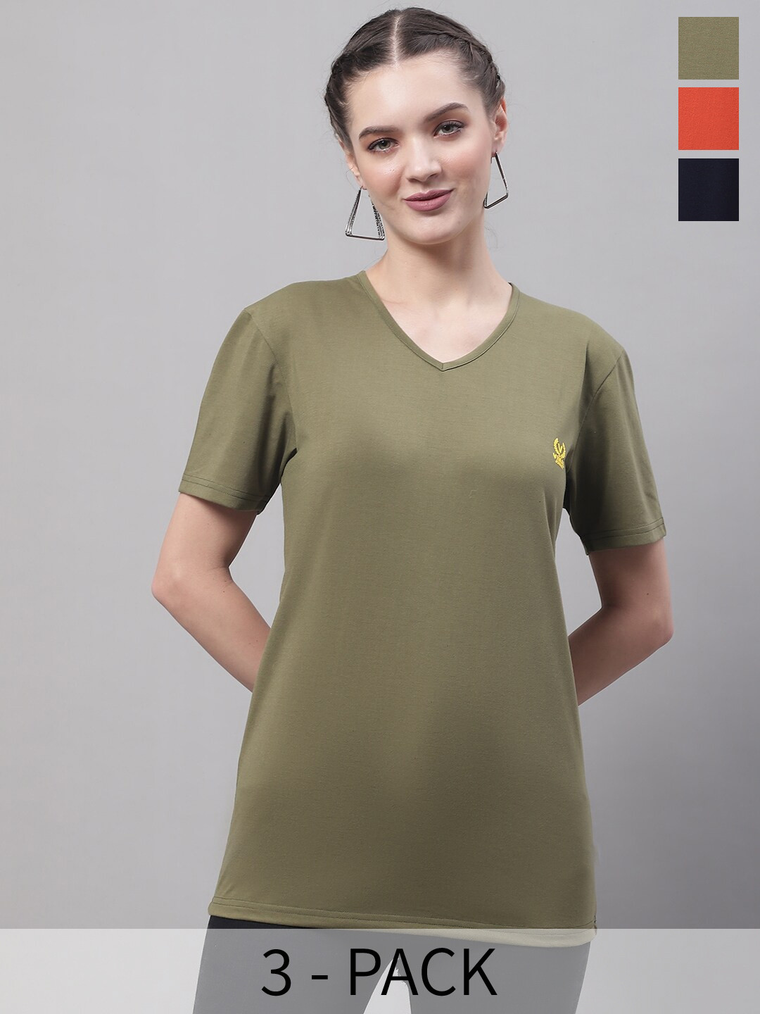 

VIMAL JONNEY Pack Of 3 V-Neck Cotton T-shirt, Olive