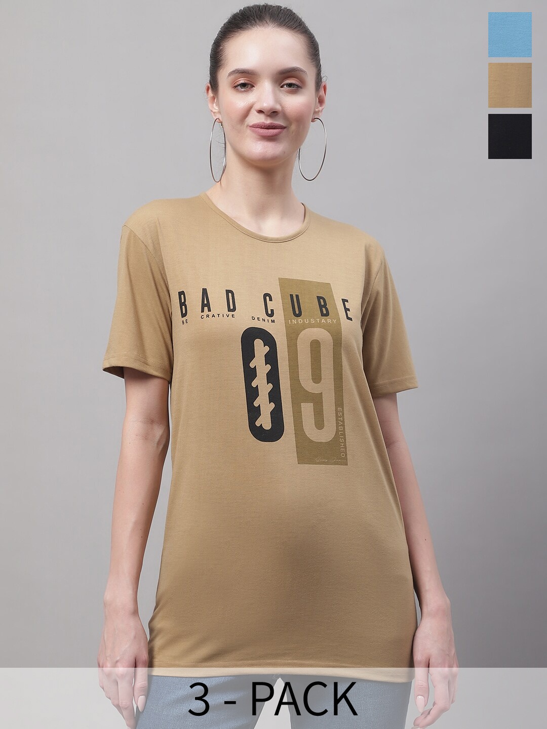 

MACK JONNEY Pack Of 3 Typography Printed Cotton T-shirt, Brown