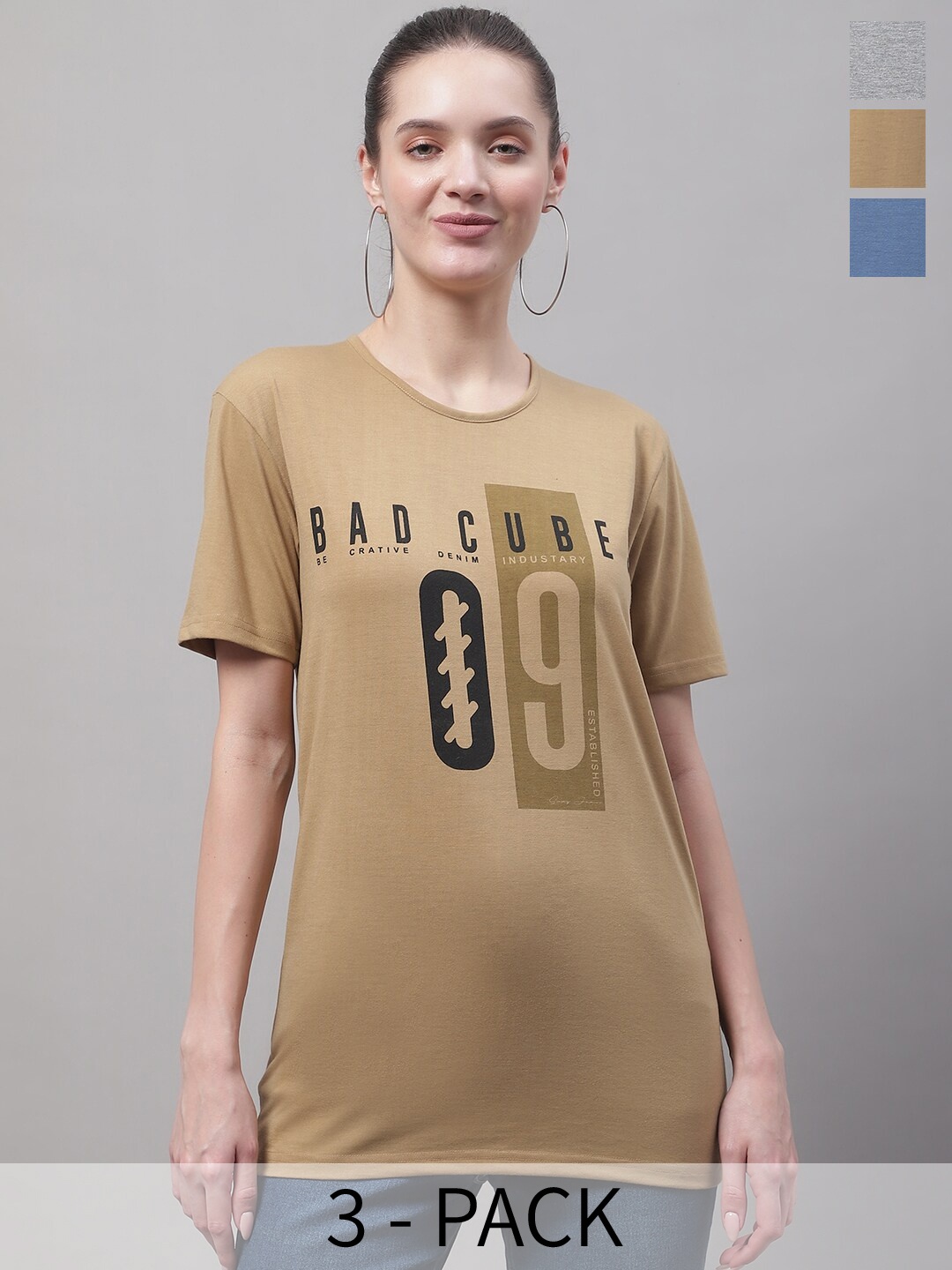 

MACK JONNEY Pack Of 3 Typography Printed Cotton T-shirt, Brown