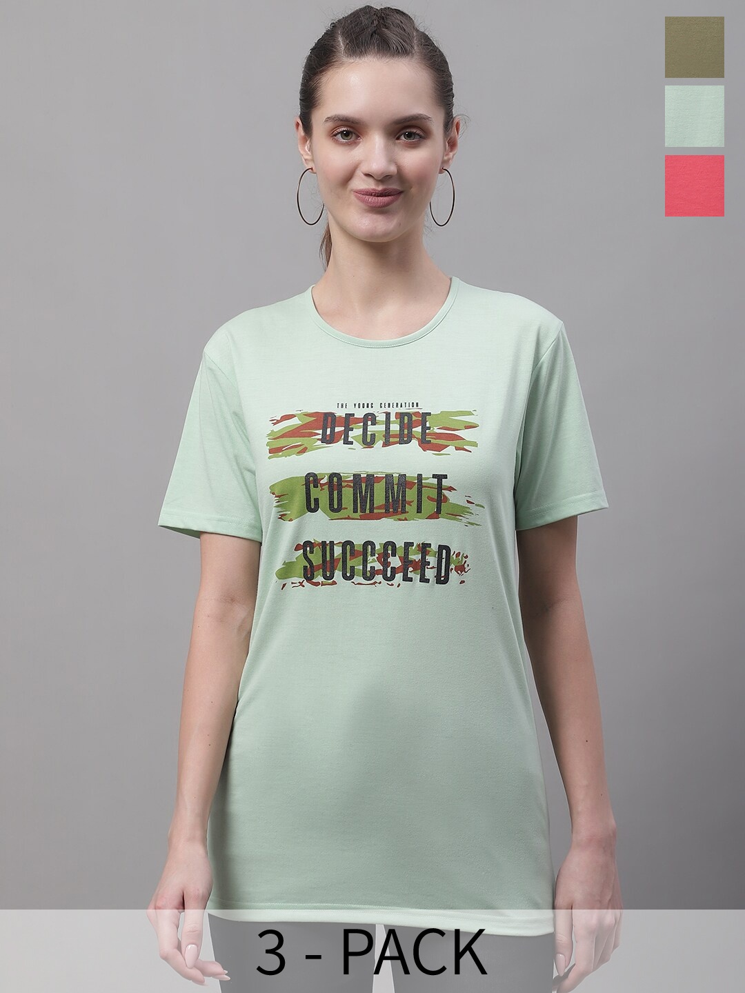 VIMAL JONNEY Pack Of 3 Typography Printed Cotton T-shirt, Sea green