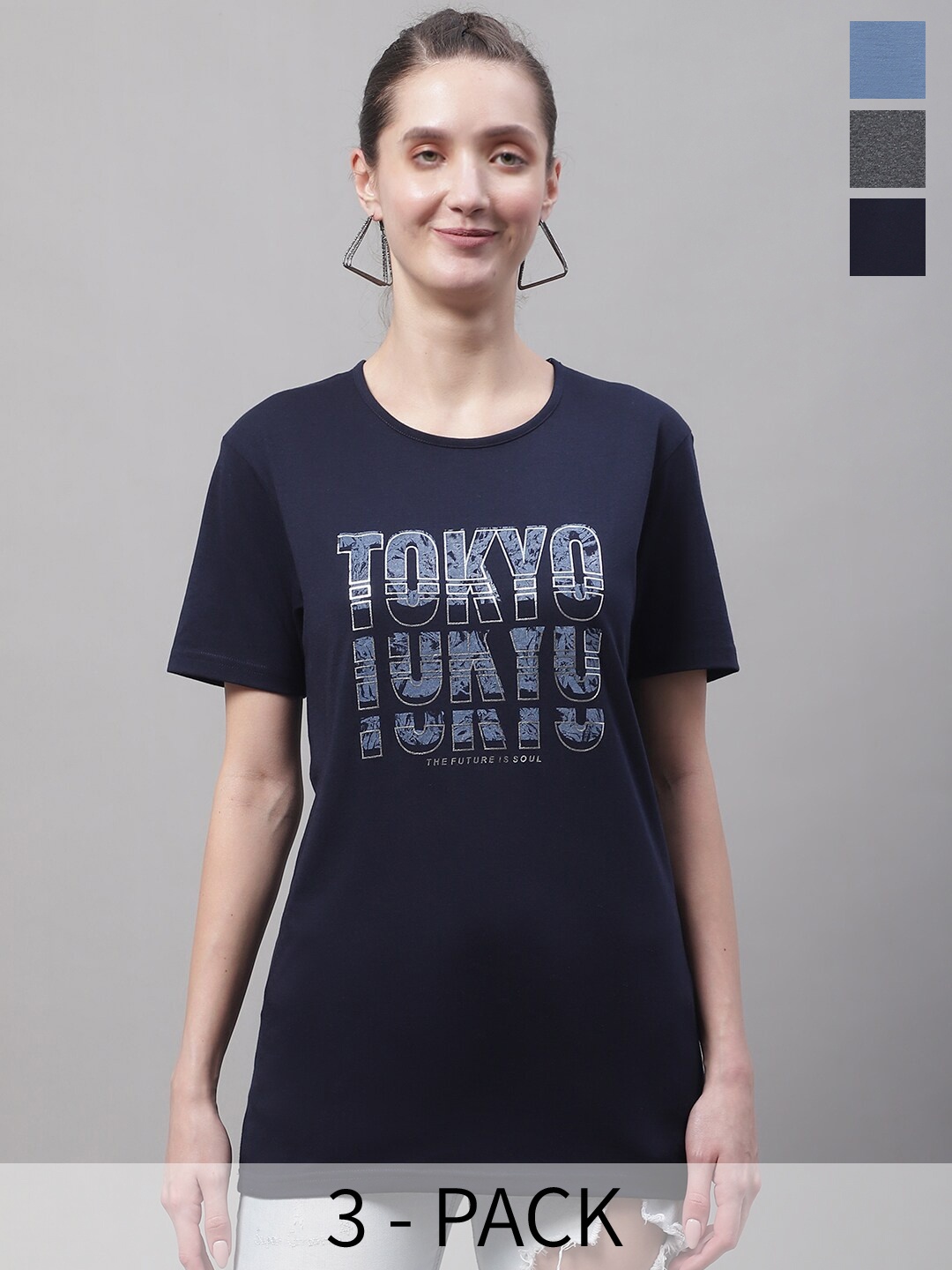 MACK JONNEY Pack Of 3 Typography Printed Cotton T-shirt, Navy blue