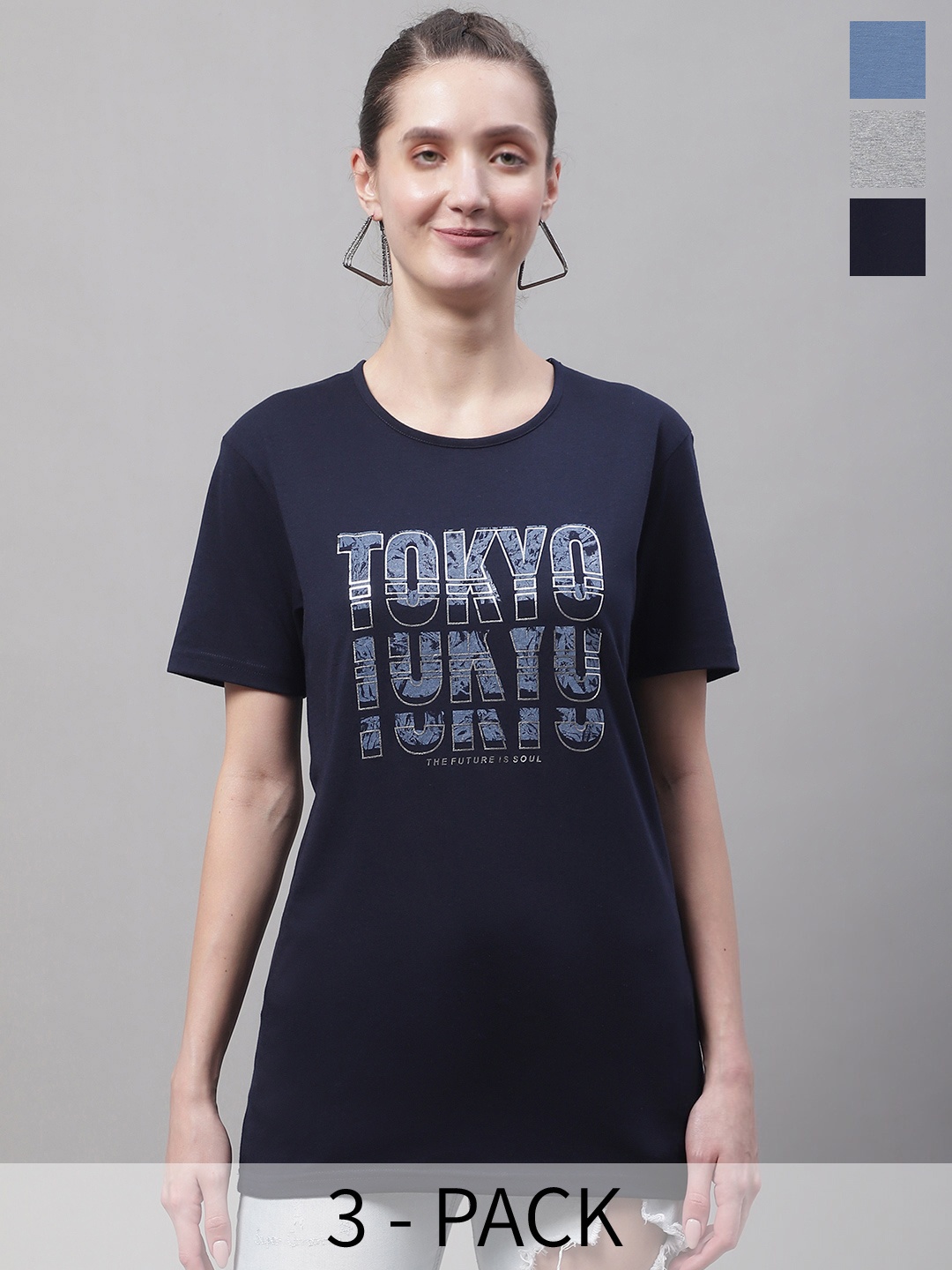 

MACK JONNEY Pack Of 3 Typography Printed Cotton T-shirt, Navy blue