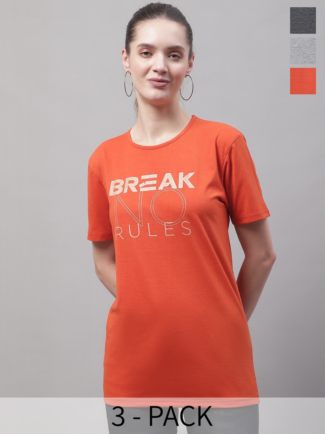 MACK JONNEY Pack Of 3 Typography Printed Cotton T-shirt, Orange