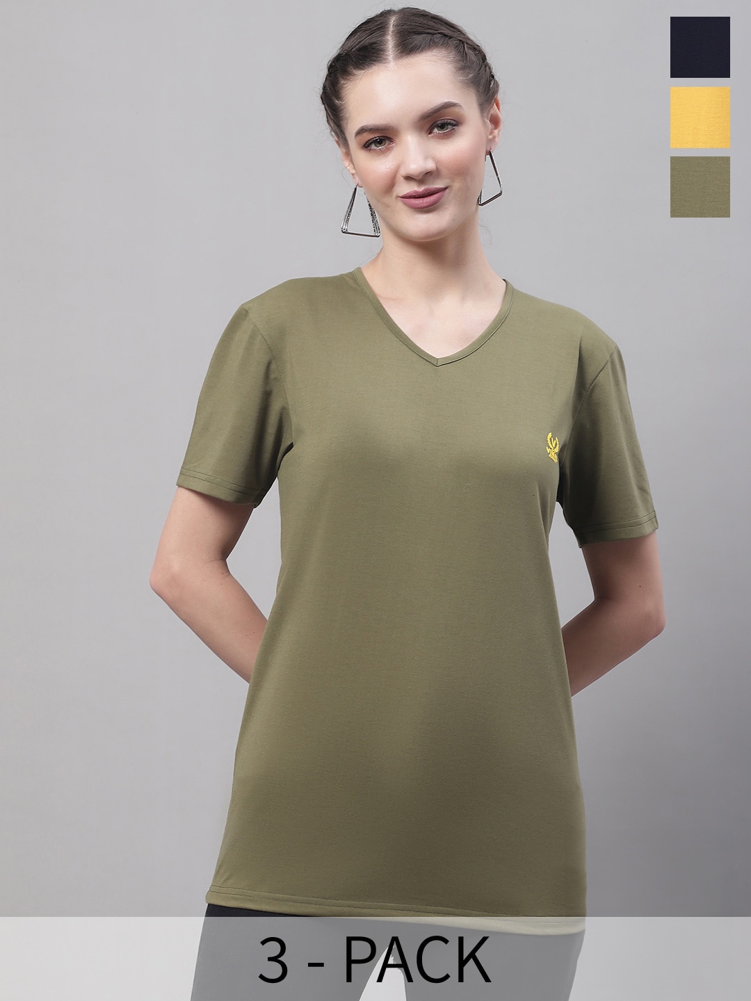 

VIMAL JONNEY Pack Of 3 V-Neck Cotton T-shirt, Olive