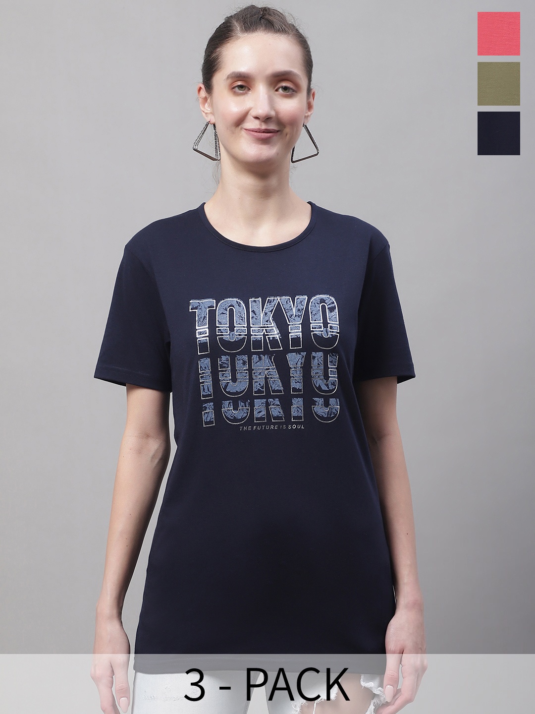 

MACK JONNEY Pack Of 3 Typography Printed Cotton T-shirt, Navy blue