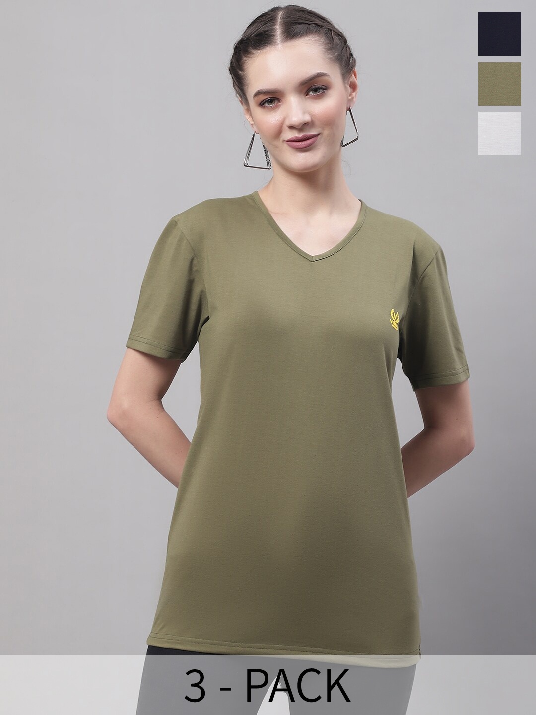 

VIMAL JONNEY Pack Of 3 V-Neck Cotton T-shirt, Olive