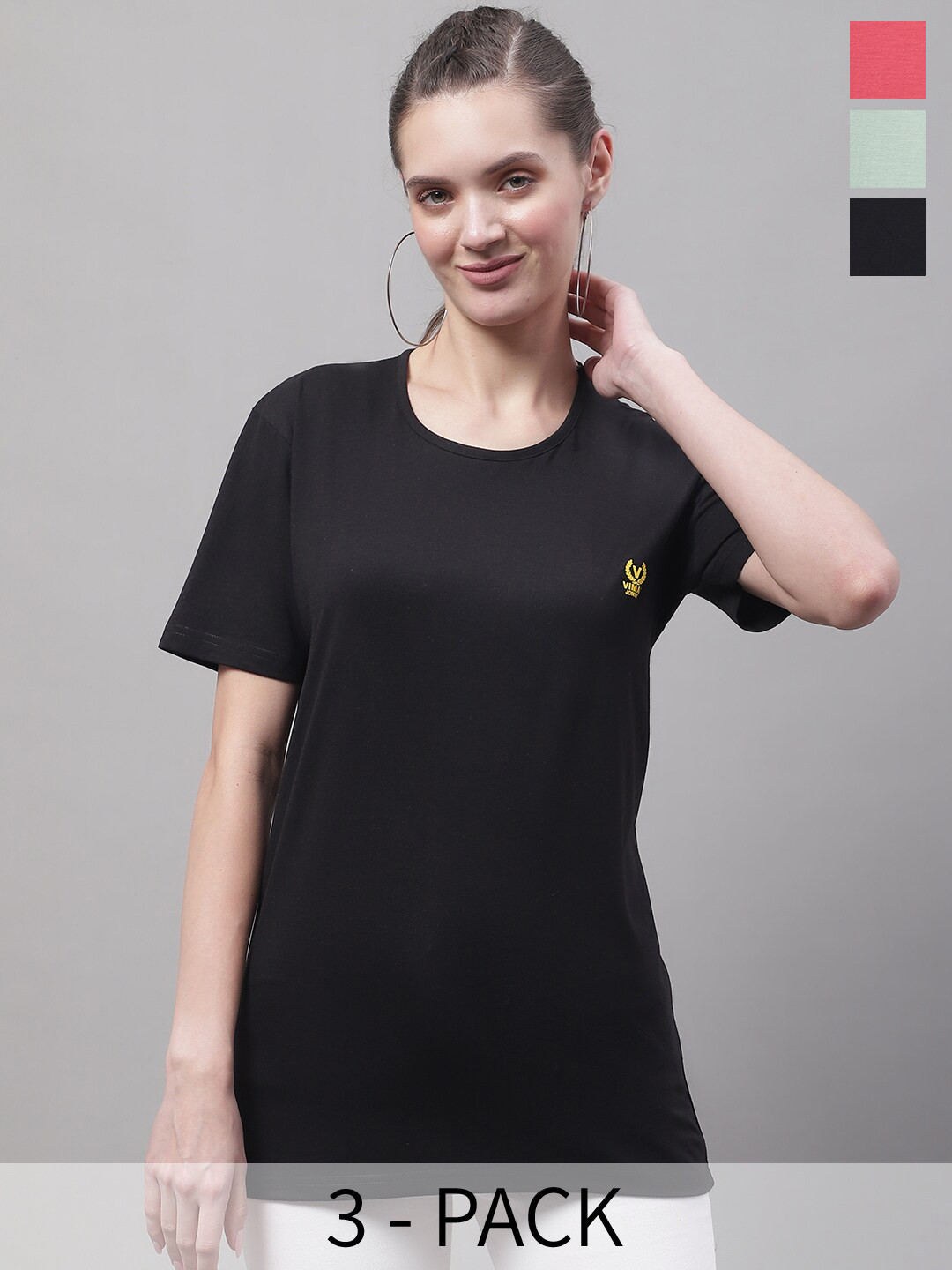 

VIMAL JONNEY Pack Of 3 Round Neck Cotton T-shirt, Black