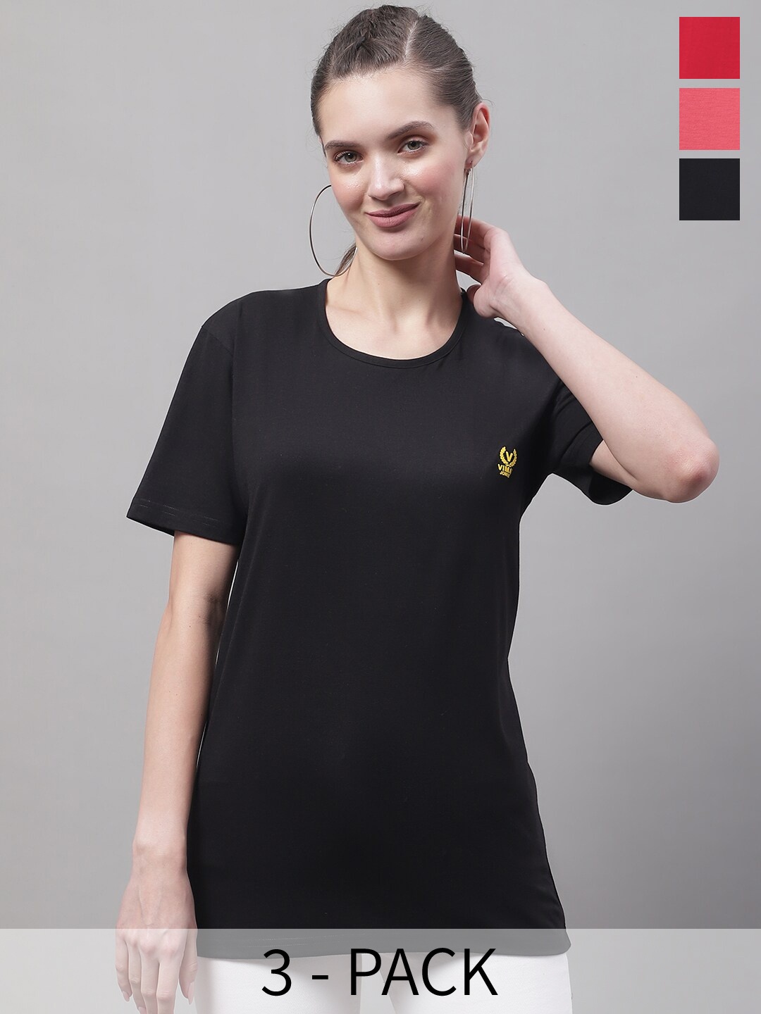

VIMAL JONNEY Pack Of 3 Round Neck Cotton T-shirt, Black