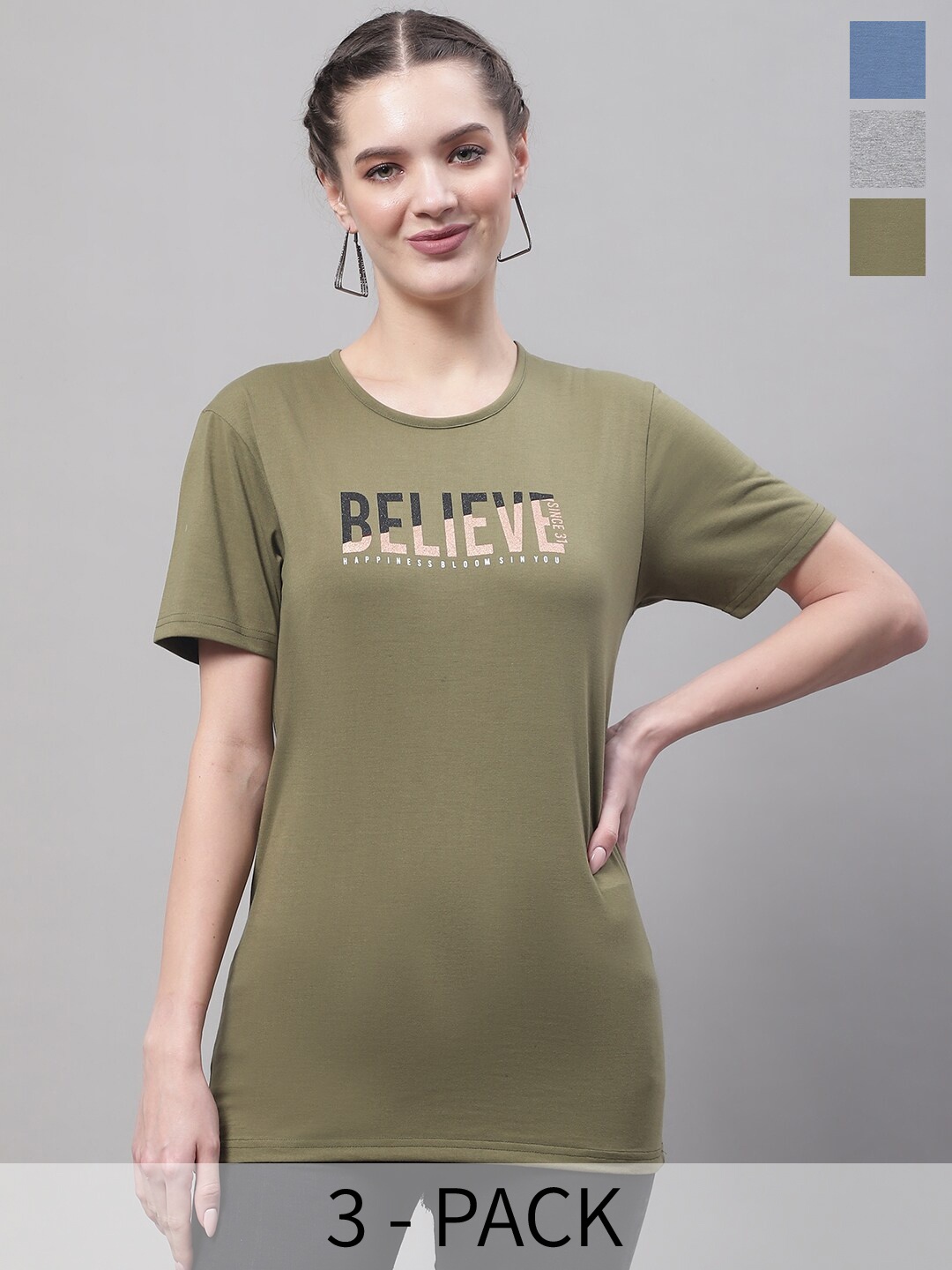 

MACK JONNEY Pack Of 3 Printed Round Neck Cotton T-shirt, Olive