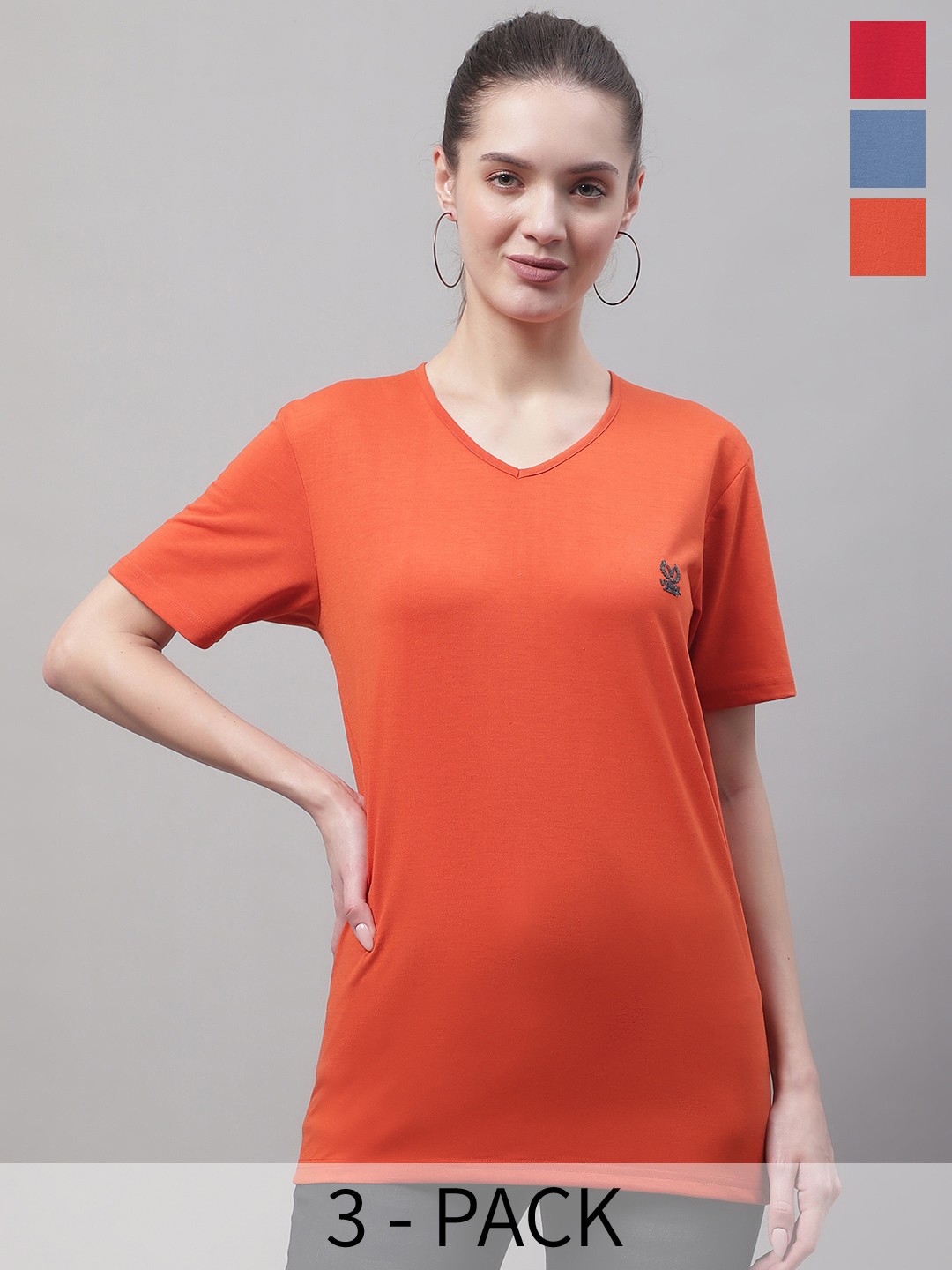 

VIMAL JONNEY Pack Of 3 V-Neck Cotton T-shirt, Orange