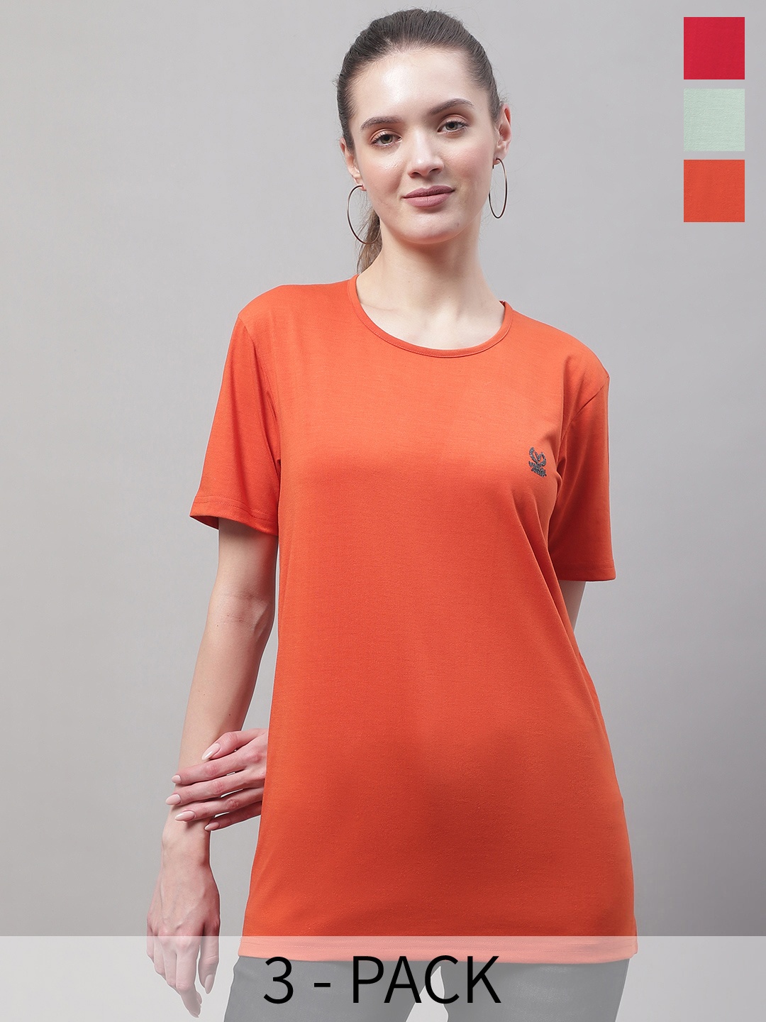 

VIMAL JONNEY Pack Of 3 Round Neck Cotton T-shirt, Orange