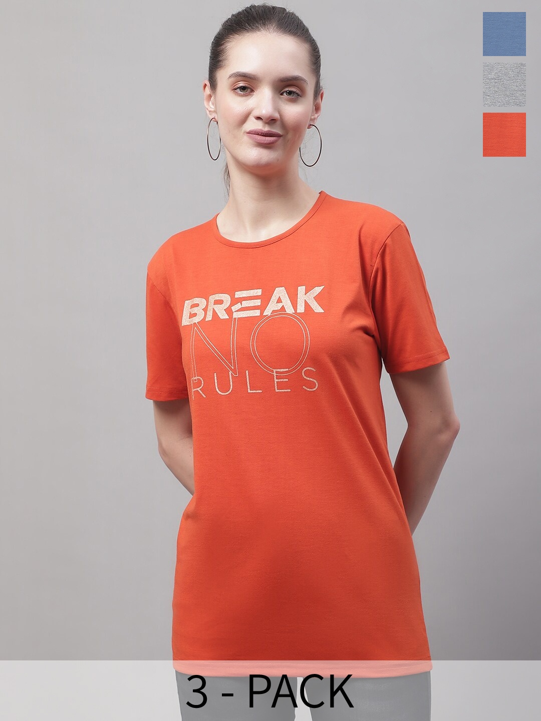 

MACK JONNEY Pack Of 3 Printed Round Neck Cotton T-shirt, Orange