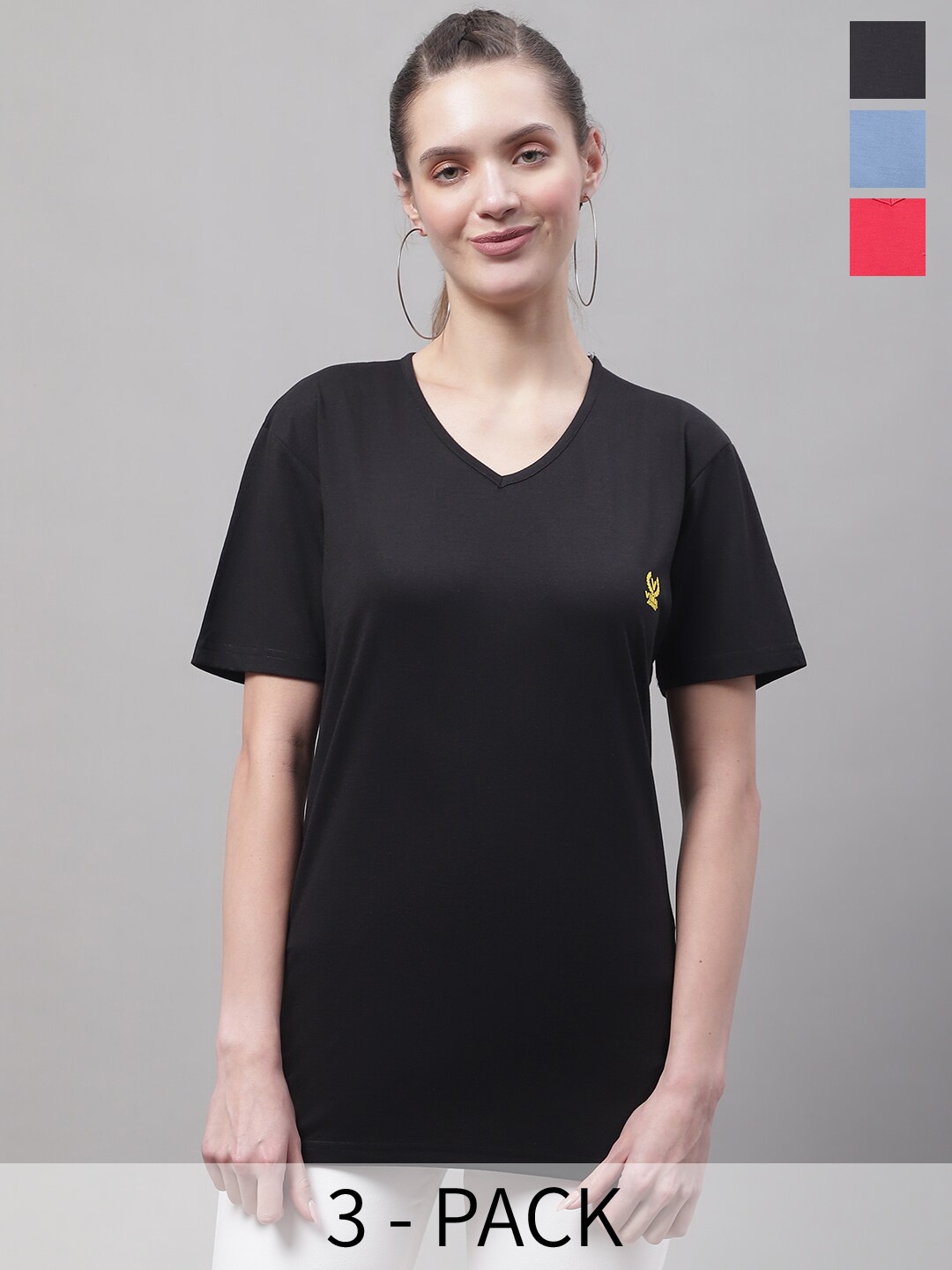 

VIMAL JONNEY Pack Of 3 V-Neck Cotton T-shirt, Black