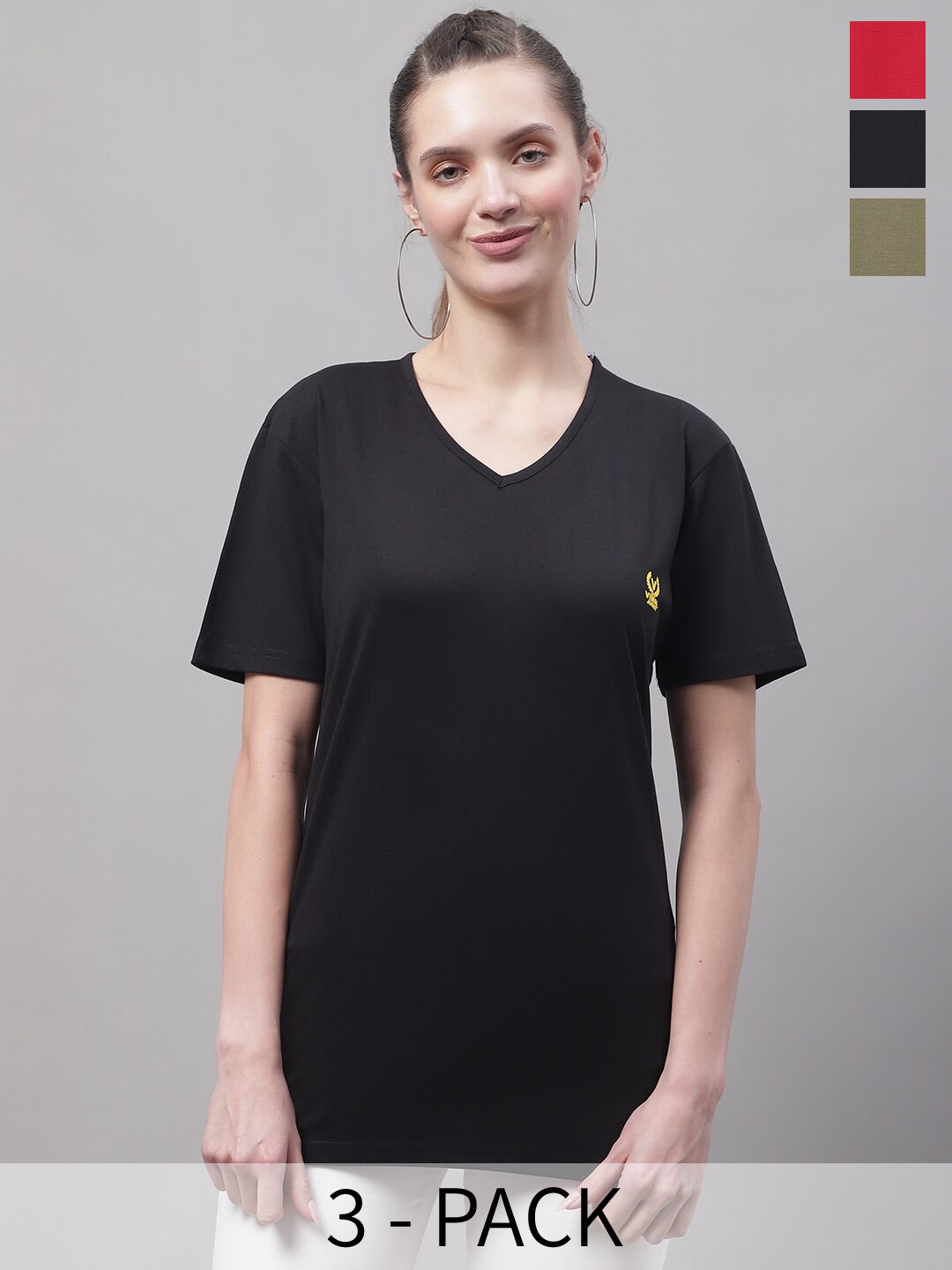 

VIMAL JONNEY Pack Of 3 V-Neck Cotton T-shirt, Black