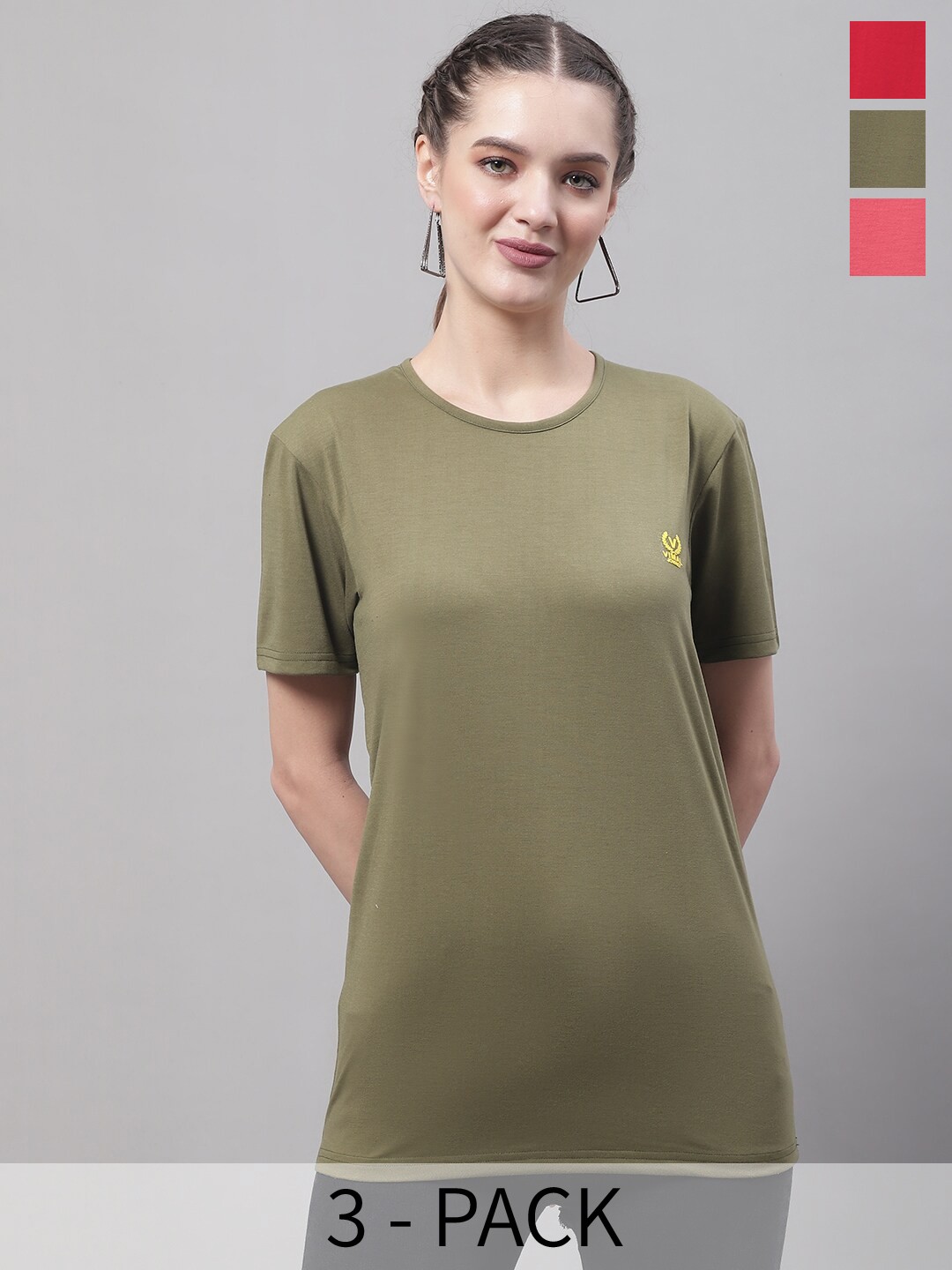 

VIMAL JONNEY Pack Of 3 Round Neck Cotton T-shirt, Olive