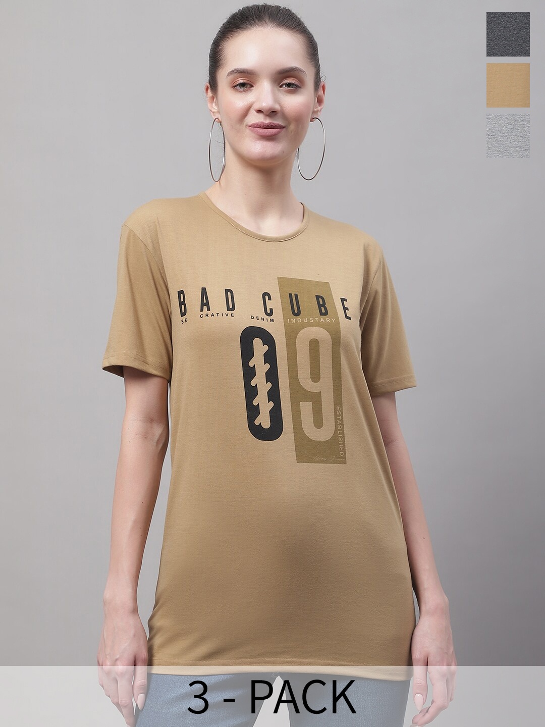

MACK JONNEY Pack Of 3 Printed Round Neck Cotton T-shirt, Khaki