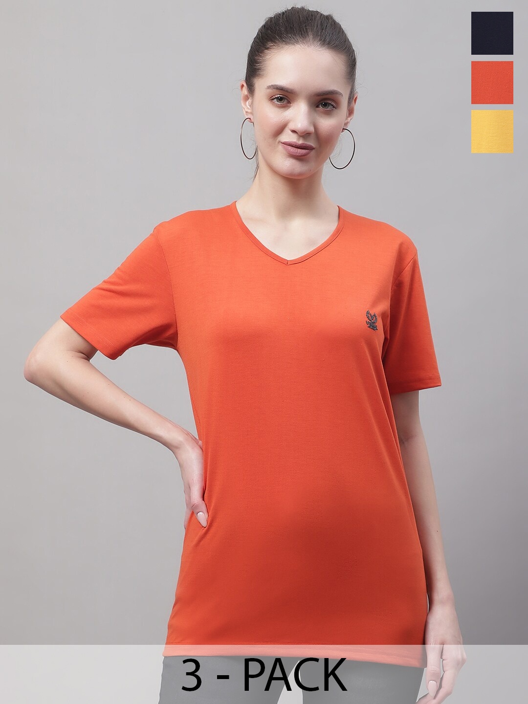 

VIMAL JONNEY Pack Of 3 V Neck Cotton T-shirt, Orange