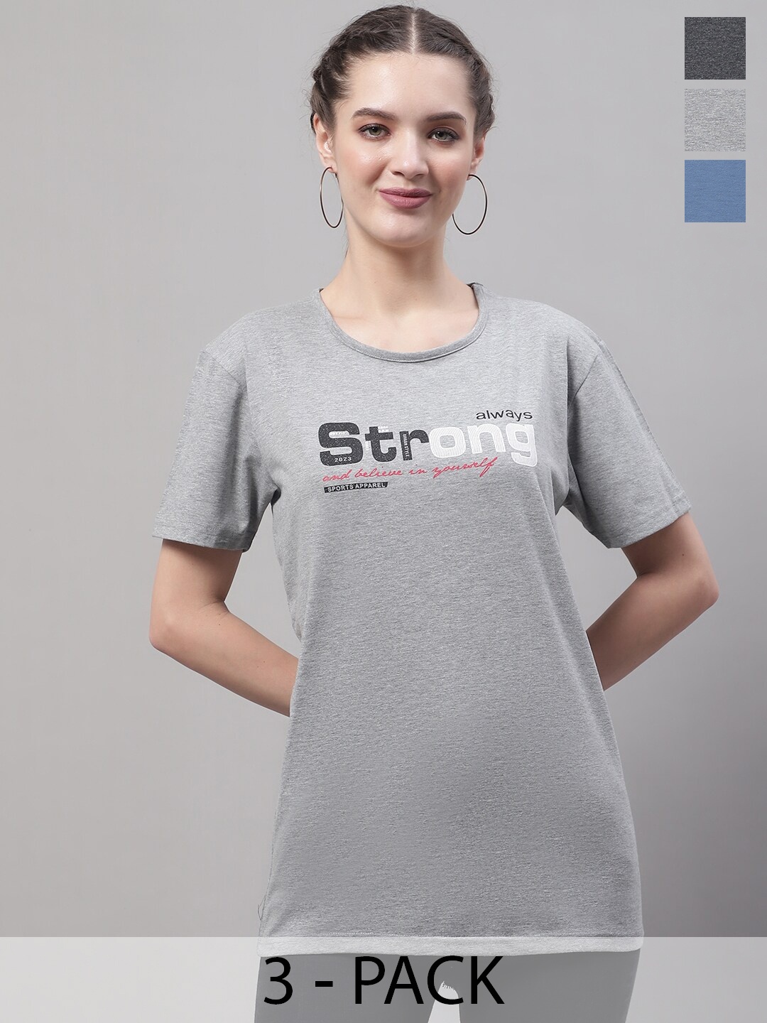 

MACK JONNEY Pack Of 3 Printed Round Neck Cotton T-shirt, Grey