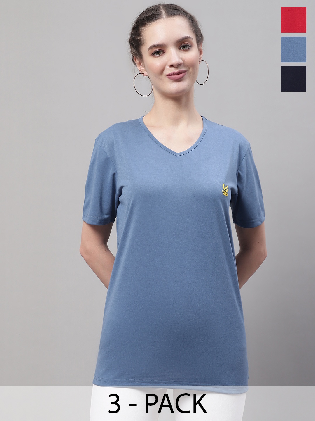 

VIMAL JONNEY Pack Of 3 V-Neck Cotton T-shirt, Blue
