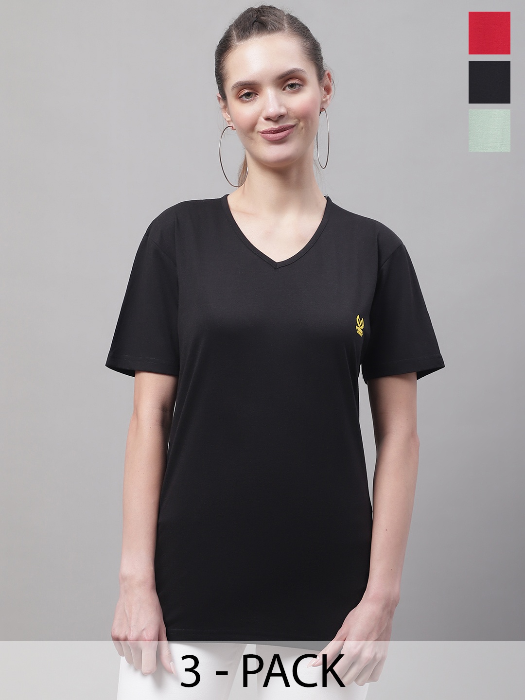 

VIMAL JONNEY Pack Of 3 V-Neck Cotton T-shirt, Black