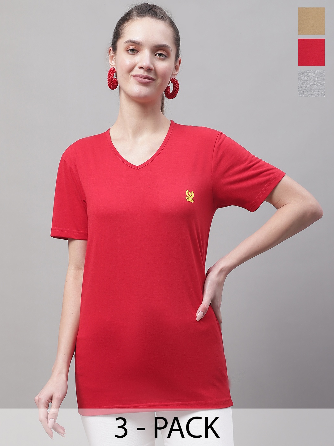 

VIMAL JONNEY Pack Of 3 V-Neck Cotton T-shirt, Red
