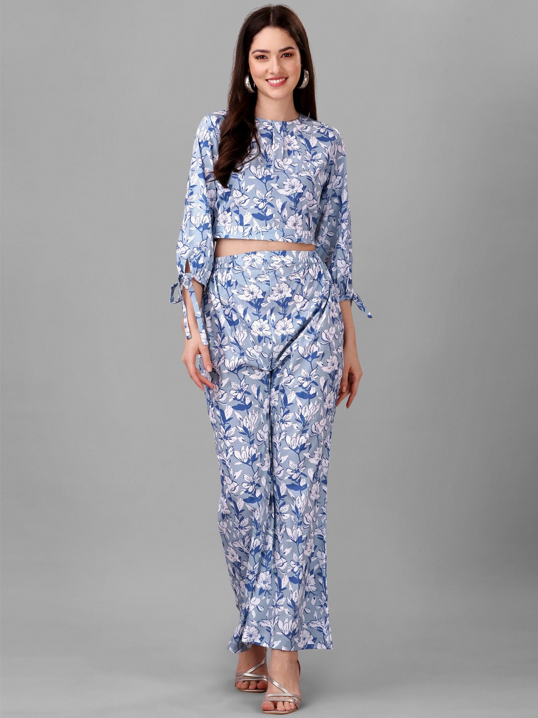 

Masakali.Co Floral Printed Top With Trousers Co-Ords, Grey