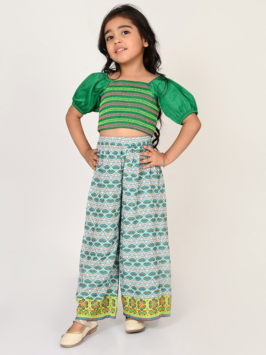 

LIL DRAMA Girls Embroidered Square Neck Printed Top with Palazzos, Green