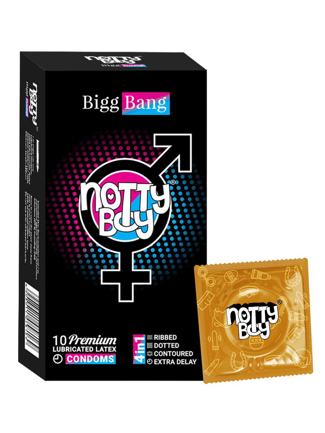 

noTTy Boy Men BiggBang 4-In-1 Ribbed-Dotted-Delay-Contoured Multi Textured Condoms - 10Pcs, Black