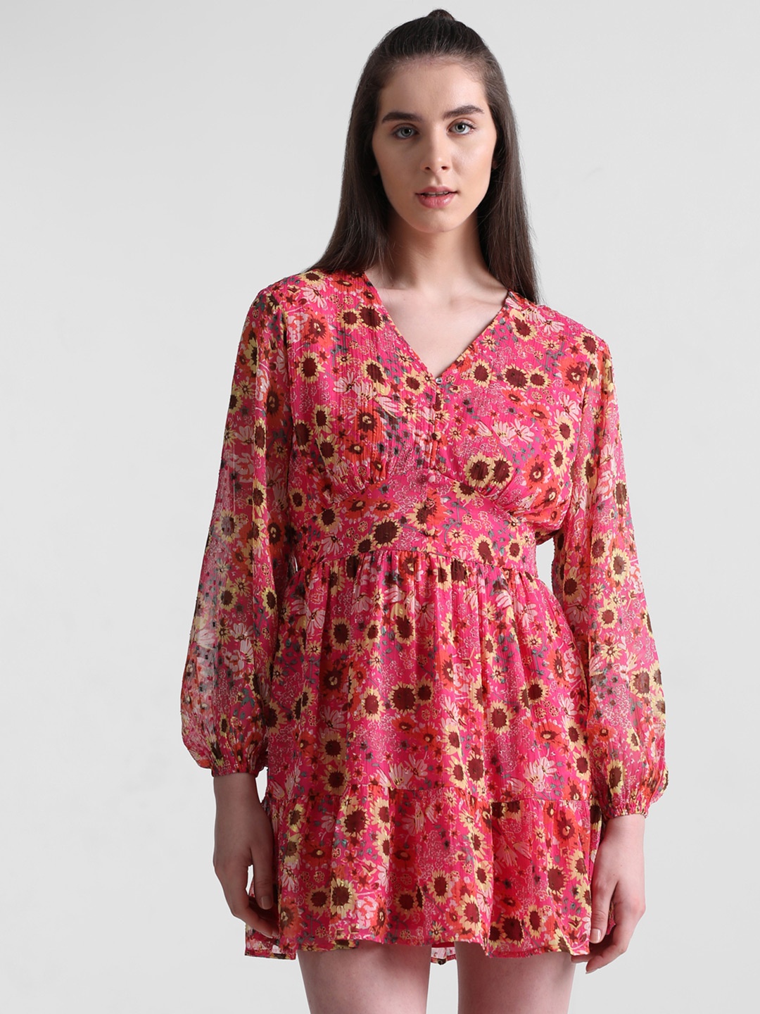 

ONLY Floral Printed Puff Sleeves Gathered Fit & Flare Mini Dress, Pink