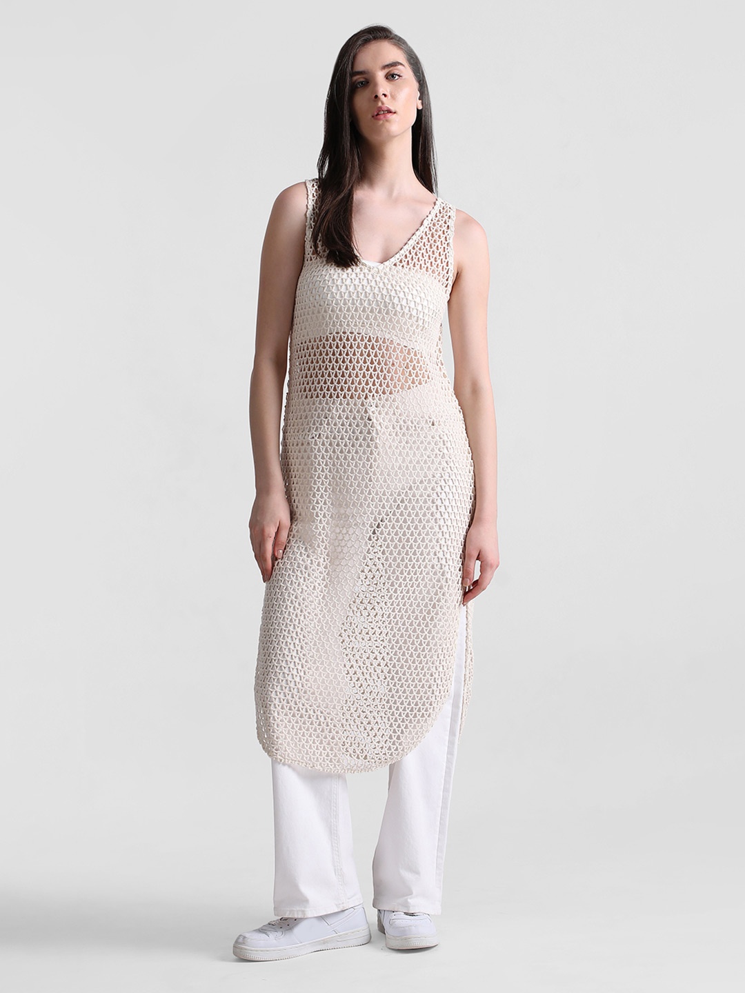 

ONLY Crochet Pure Cotton Bodycon Midi Dress, Beige