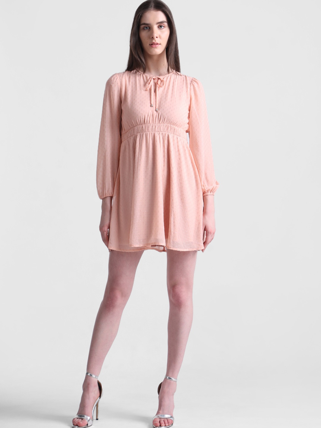

ONLY Onlcula Ls Tie-Up Neck Puff Sleeve Fit & Flare Mini Dress, Pink