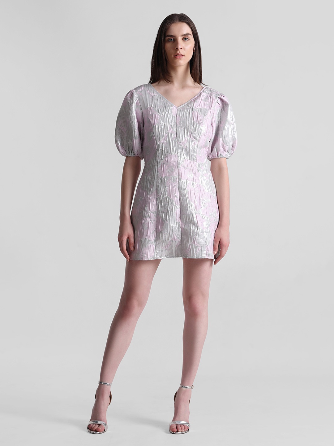ONLY Self Design V- Neck Puff Sleeves Sheen A-Line Mini Dress, Silver